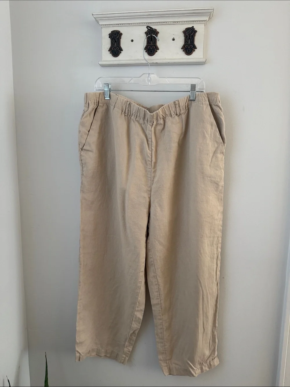 Quince Beige Elastic-Waist Chinos High rise 100% Linen Pants Classic Neutral